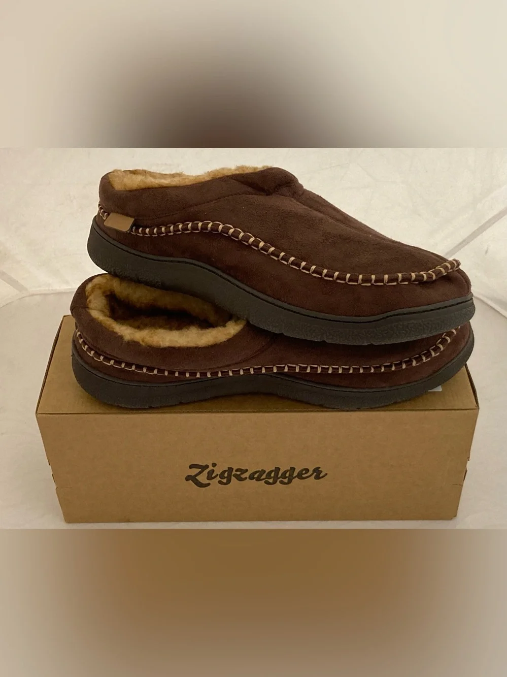Zigzagger Mens 15 Moccasin Slippers Memory Foam House Shoes / Loafers Coffee NIB